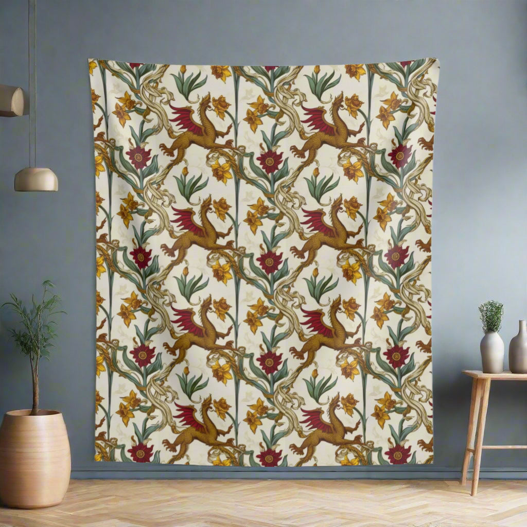 A detailed fabric pattern features golden griffins with red wings intertwined in floral designs of yellow daffodils and maroon blooms against a light cream background. The intricate motifs create a whimsical, nature-inspired aesthetic throughout.