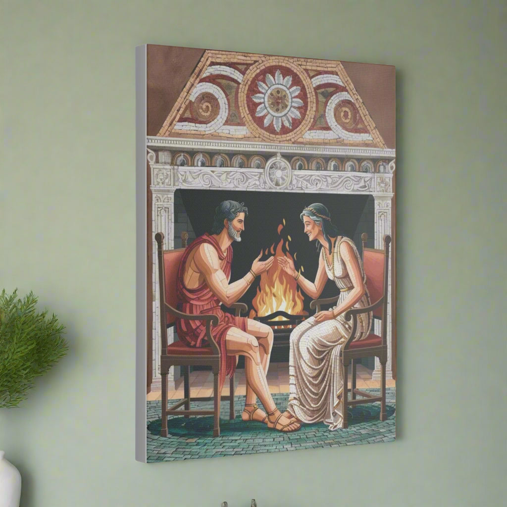 A colorful illustration of a man in a red tunic and a woman in a white gown sitting by a fireplace. They are smiling and reaching toward each other, with flames dancing in the hearth and ornate decorations in the background.