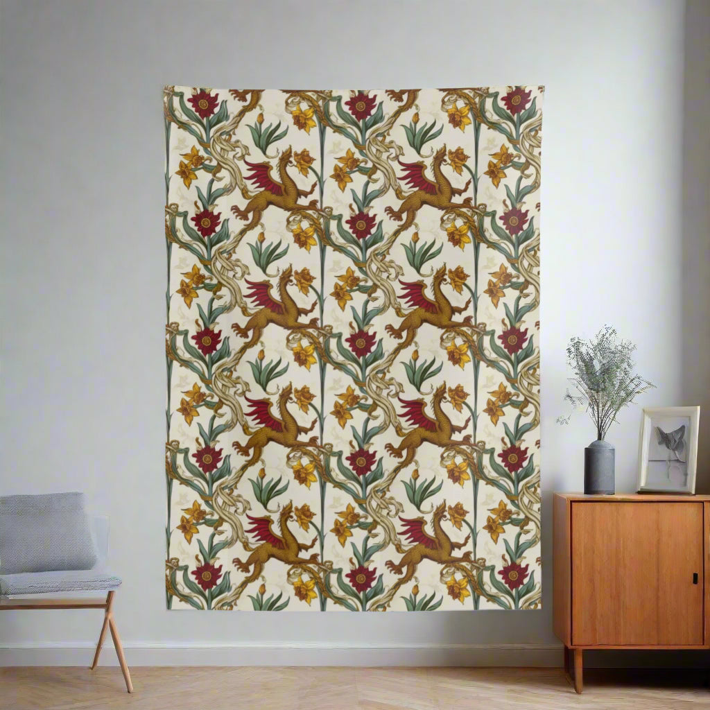 A detailed fabric pattern features golden griffins with red wings intertwined in floral designs of yellow daffodils and maroon blooms against a light cream background. The intricate motifs create a whimsical, nature-inspired aesthetic throughout.