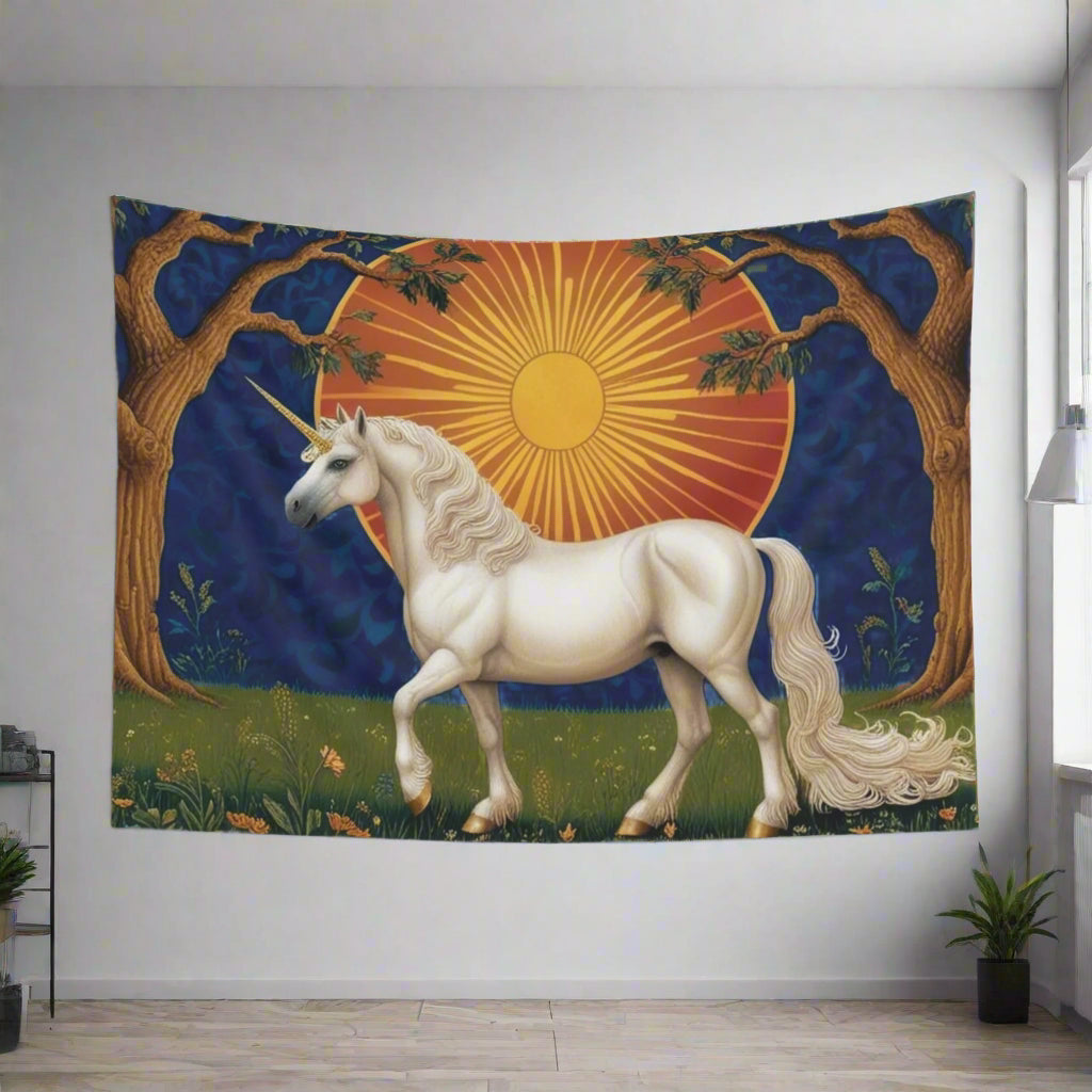 A vibrant tapestry of a white unicorn under a bright sun adorns a light-filled room, enhancing its whimsical decor. The unicorn stands amidst greenery and trees, creating a magical atmosphere, complemented by a stylish plant and modern furnishings.
