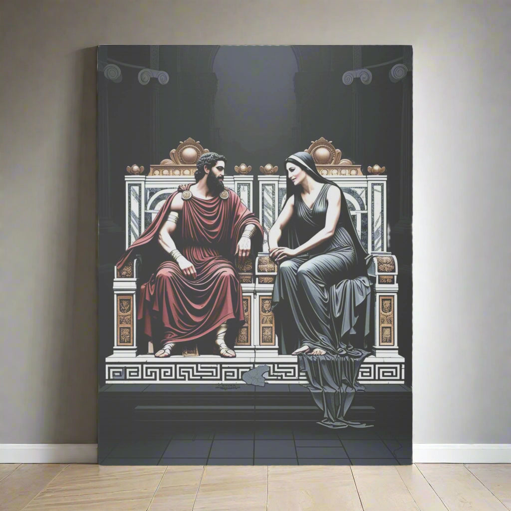 A dramatic illustration of a man in a red robe and a woman in a flowing black gown, seated on ornate thrones. They are engaged in conversation against a dark, classical backdrop, showcasing intricate details and textures.