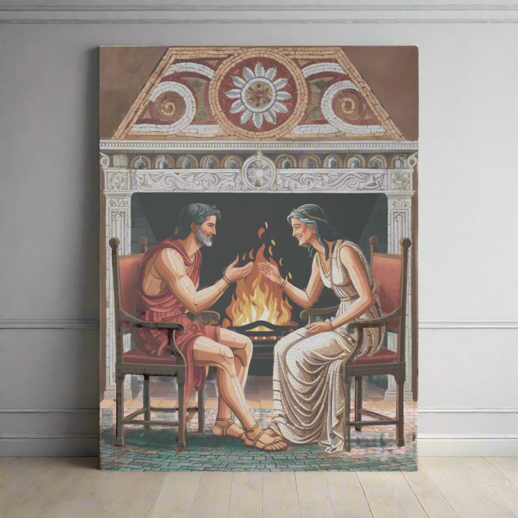 A colorful illustration of a man in a red tunic and a woman in a white gown sitting by a fireplace. They are smiling and reaching toward each other, with flames dancing in the hearth and ornate decorations in the background.