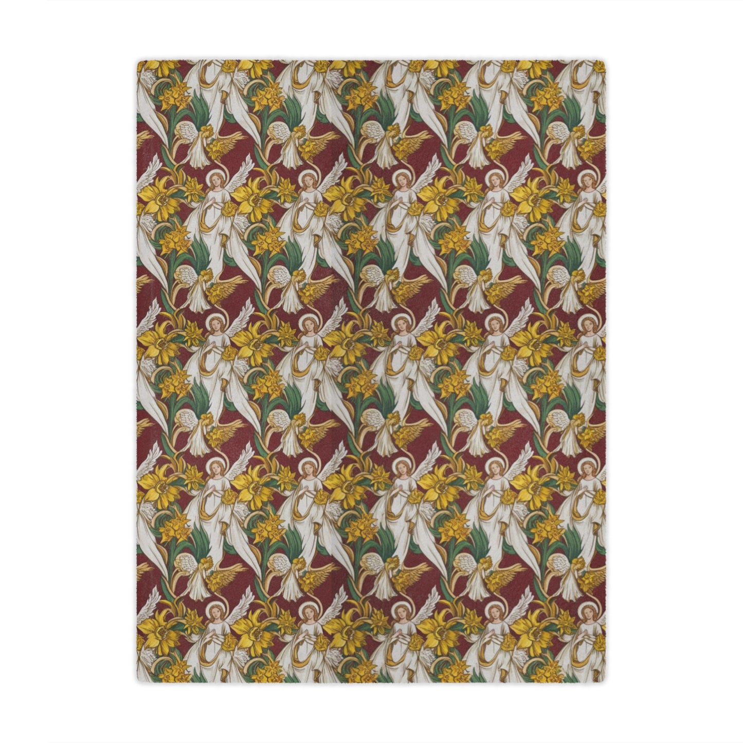 A patterned fabric featuring angels in white robes surrounded by vibrant yellow daffodils and green leaves, set against a rich maroon background. The design is intricate and symmetrical, creating a visually striking effect.