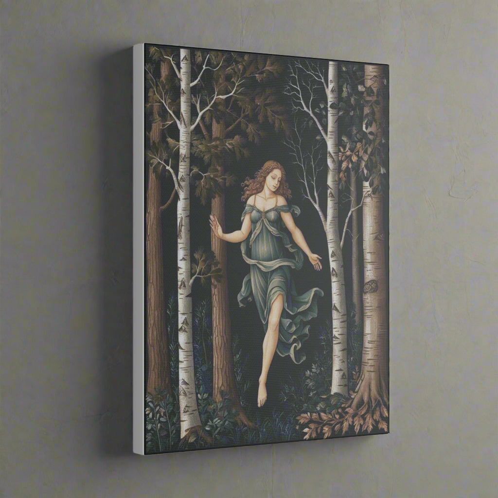 A serene canvas print featuring a graceful woman in a flowing green dress dancing among tall birch trees. Her joyful expression contrasts beautifully with the dark forest backdrop, creating an enchanting and ethereal atmosphere in any space.