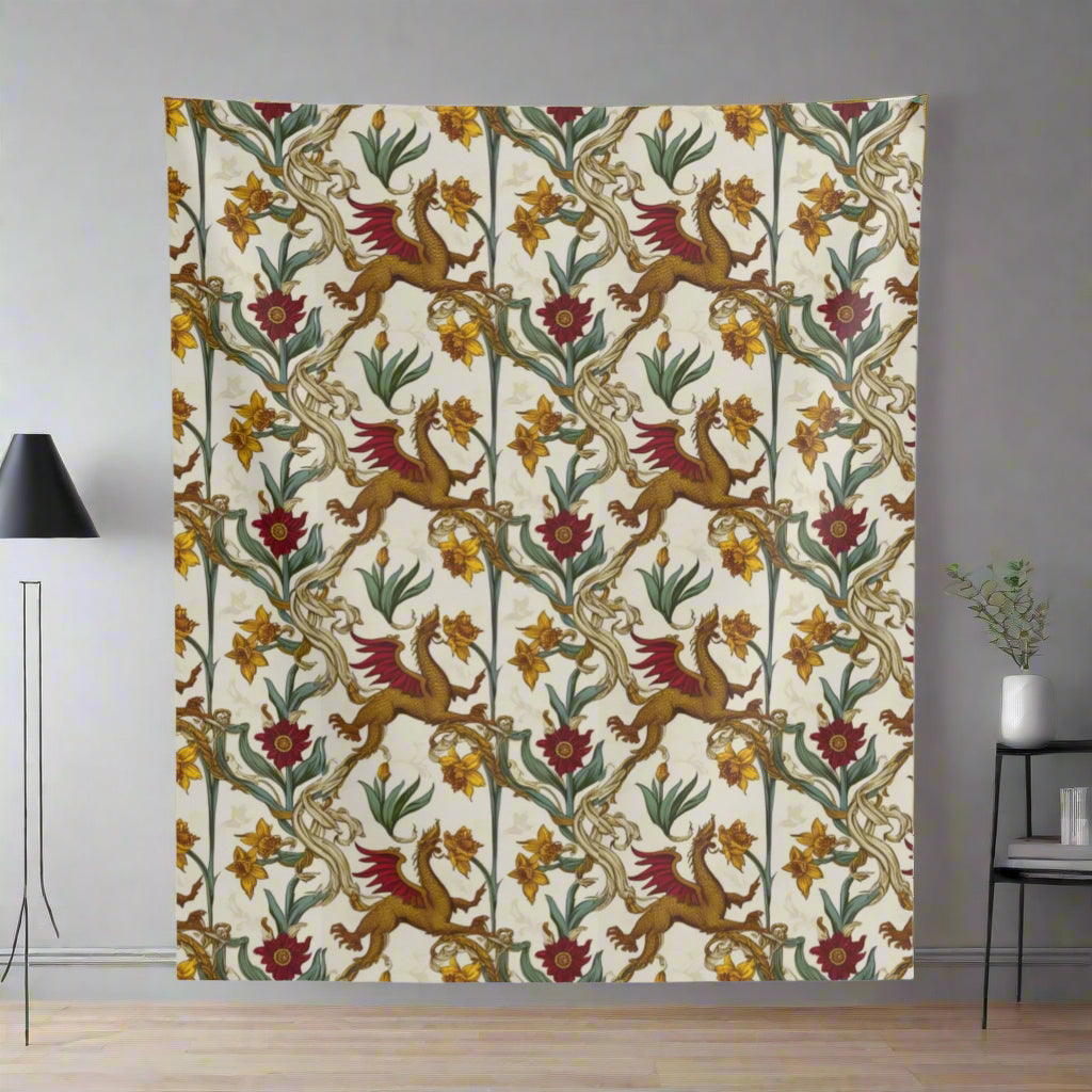 A detailed fabric pattern features golden griffins with red wings intertwined in floral designs of yellow daffodils and maroon blooms against a light cream background. The intricate motifs create a whimsical, nature-inspired aesthetic throughout.