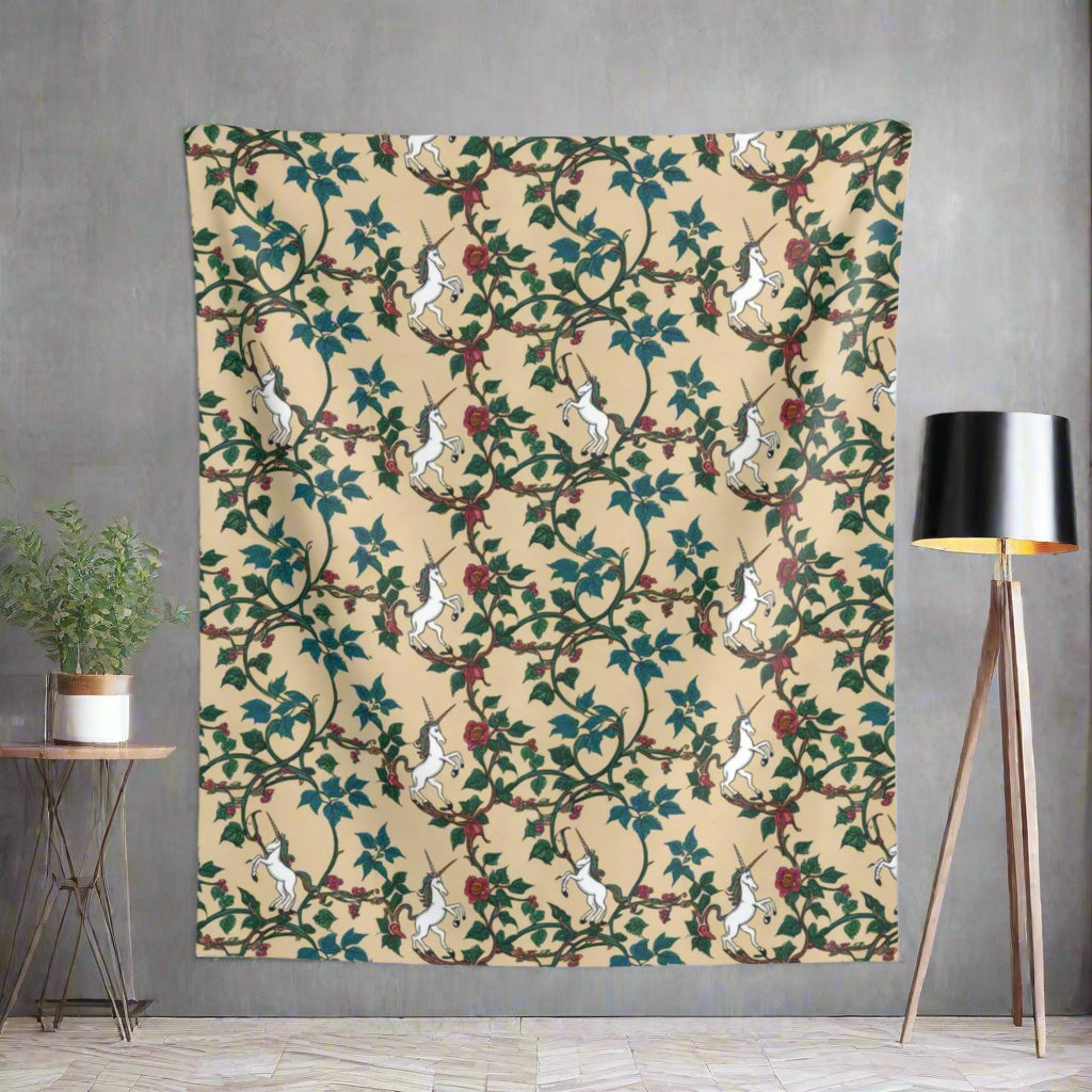 A repeating pattern features white unicorns interwoven with green vines and red roses on a beige background. The design creates a whimsical and enchanting look, highlighting the playful arrangement of the mythical creatures and floral elements.