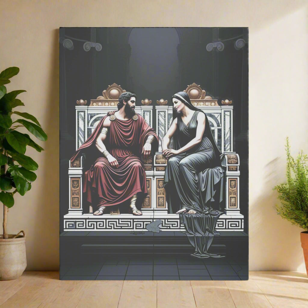 A dramatic illustration of a man in a red robe and a woman in a flowing black gown, seated on ornate thrones. They are engaged in conversation against a dark, classical backdrop, showcasing intricate details and textures.