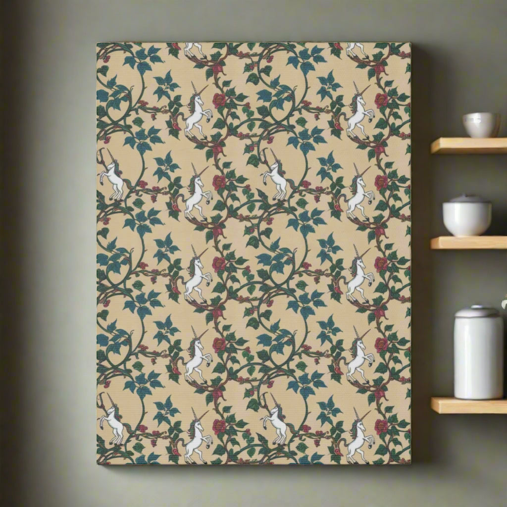 A repeating pattern features white unicorns prancing among green ivy and red roses on a beige background. The whimsical design creates a magical and enchanting atmosphere, perfect for adding charm to any space.