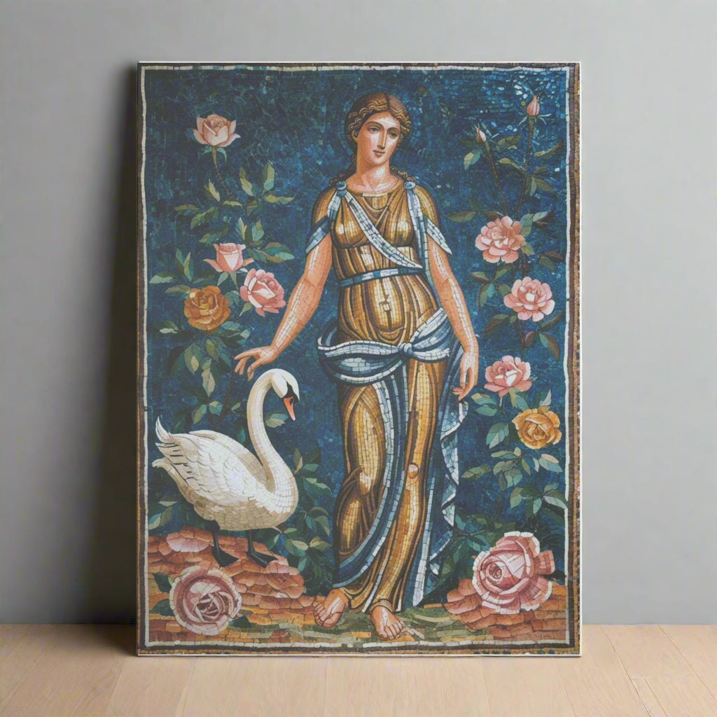A vibrant mosaic depicting a woman in a flowing golden gown standing beside a white swan. She is surrounded by pink and yellow roses against a rich blue background, showcasing intricate details and colors that evoke a sense of beauty and elegance.