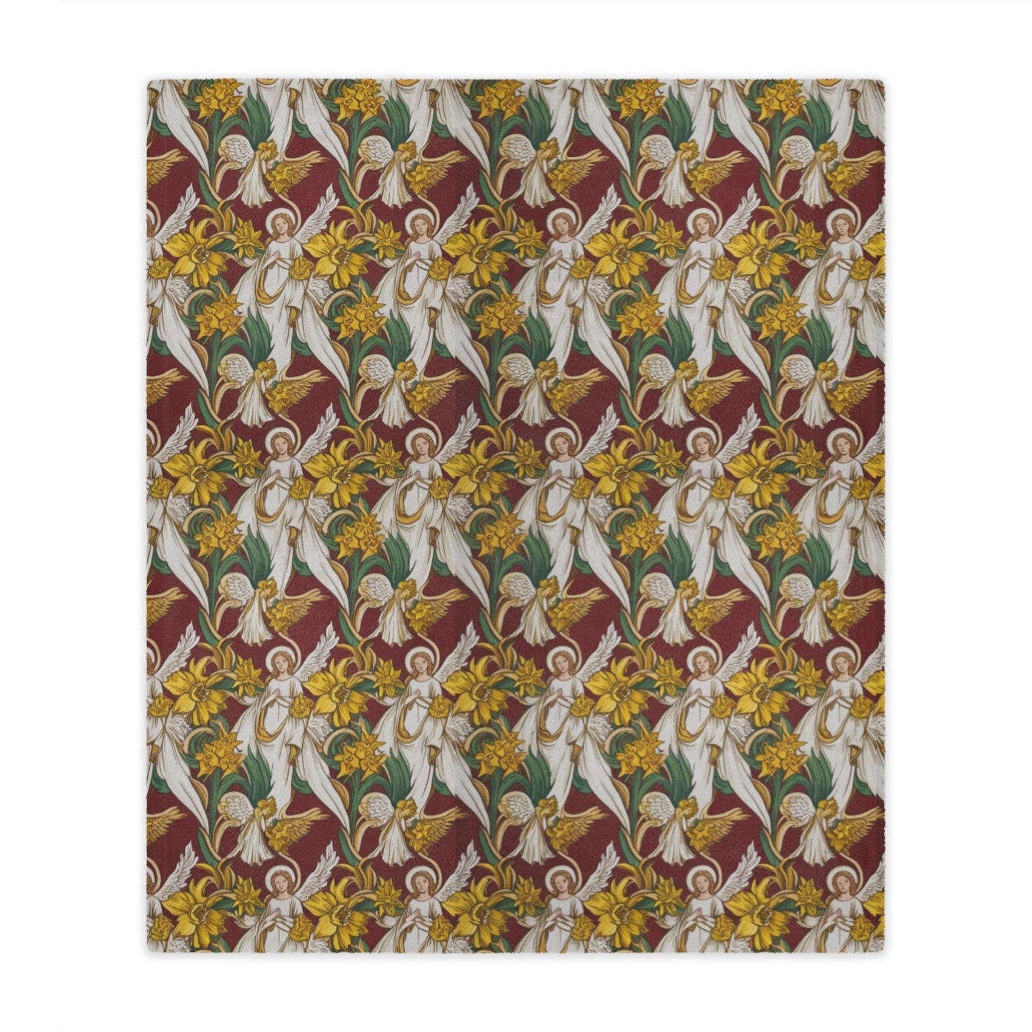 A patterned fabric featuring angels in white robes surrounded by vibrant yellow daffodils and green leaves, set against a rich maroon background. The design is intricate and symmetrical, creating a visually striking effect.