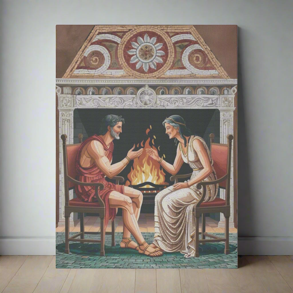 A colorful illustration of a man in a red tunic and a woman in a white gown sitting by a fireplace. They are smiling and reaching toward each other, with flames dancing in the hearth and ornate decorations in the background.