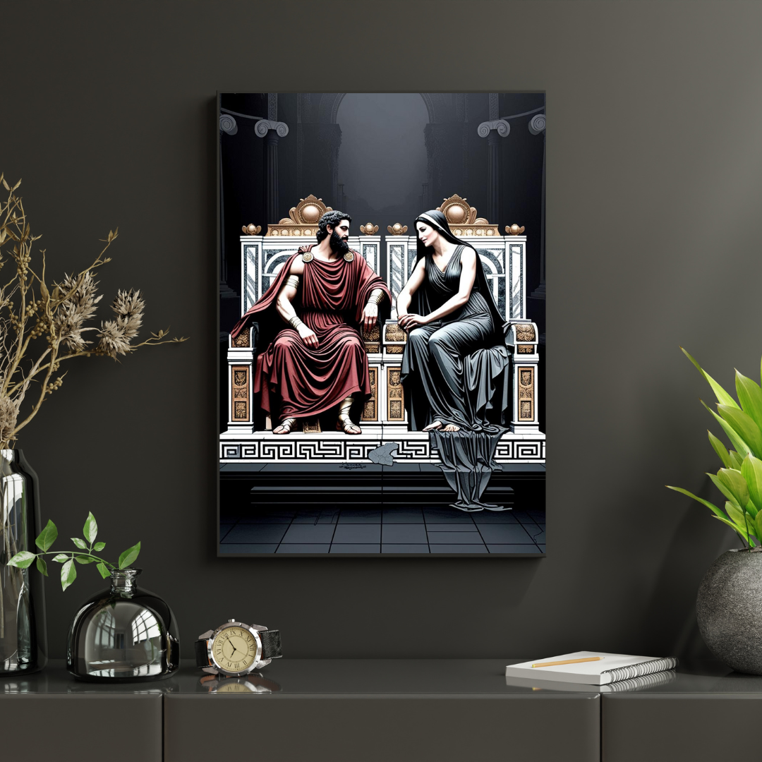 An elegant artwork of a man in a red robe and a woman in a black gown, seated on decorative thrones, engaged in conversation. The painting is displayed on a dark wall, accompanied by a plant and modern decor on a nearby table.