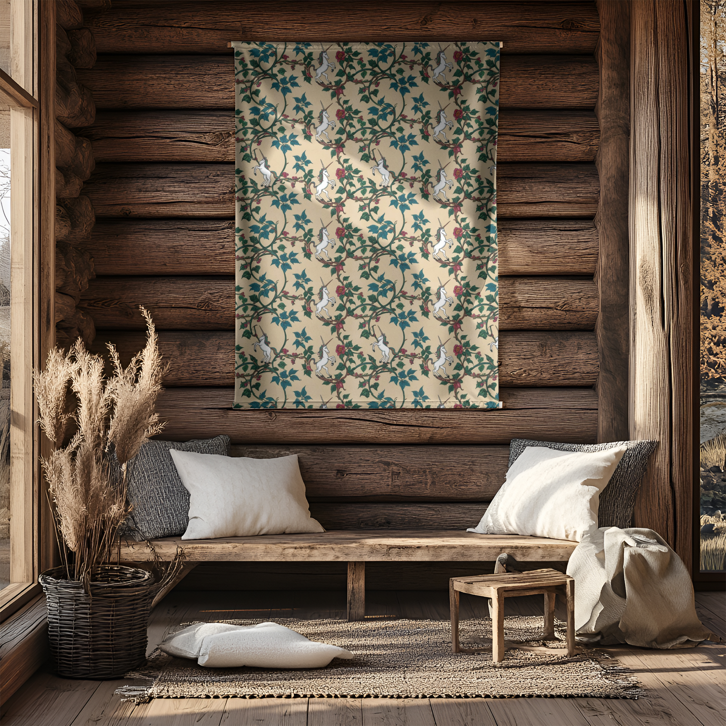 A cozy corner of a log cabin features a tapestry with white rabbits among green vines and red flowers. Sunlight streams through large windows, highlighting a wooden bench adorned with cushions and a woven basket of pampas grass nearby.