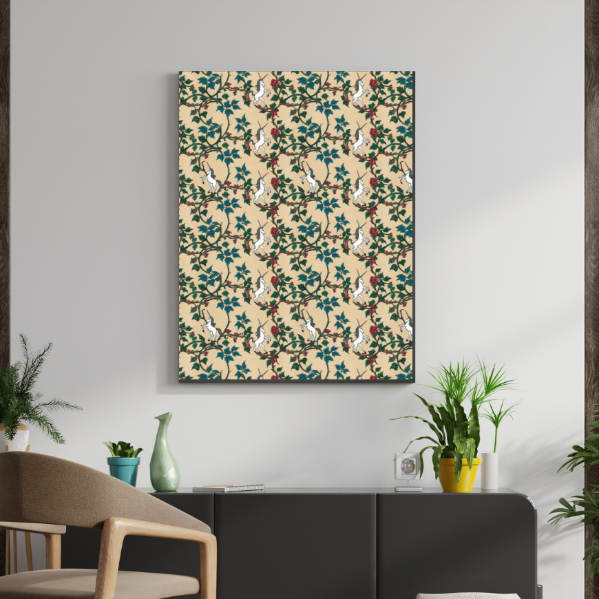 A stylish living room featuring a canvas print of primroses and unicorns on a beige background, hanging above a modern black cabinet. A cozy chair, decorative plants, and a small pouf complete the elegant and whimsical decor.