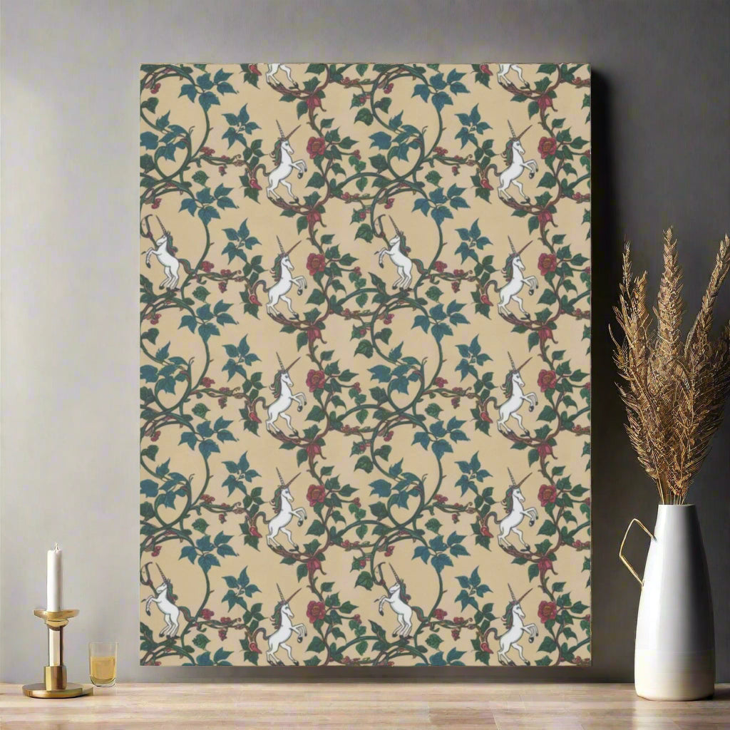 A repeating pattern features white unicorns prancing among green ivy and red roses on a beige background. The whimsical design creates a magical and enchanting atmosphere, perfect for adding charm to any space.