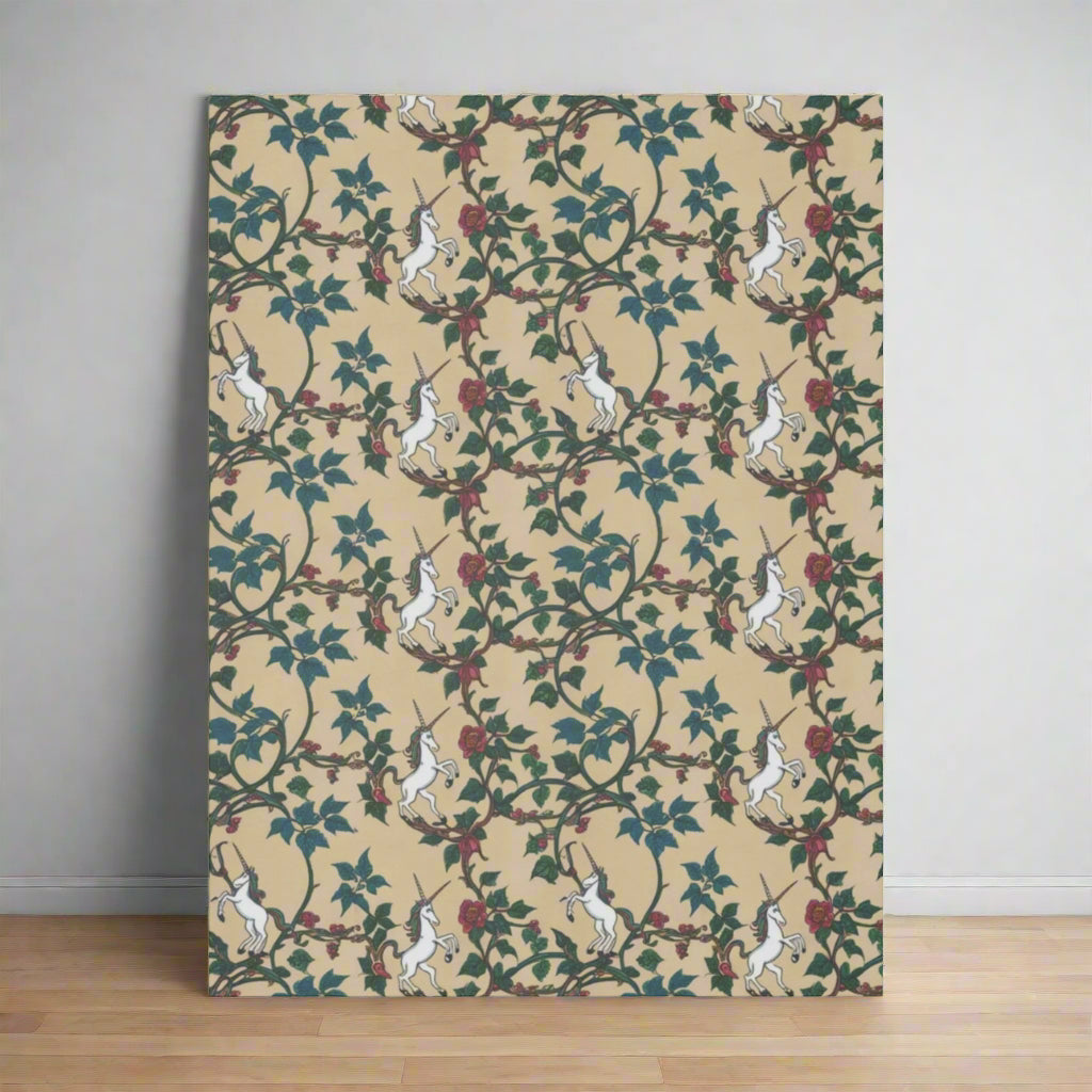 A repeating pattern features white unicorns prancing among green ivy and red roses on a beige background. The whimsical design creates a magical and enchanting atmosphere, perfect for adding charm to any space.