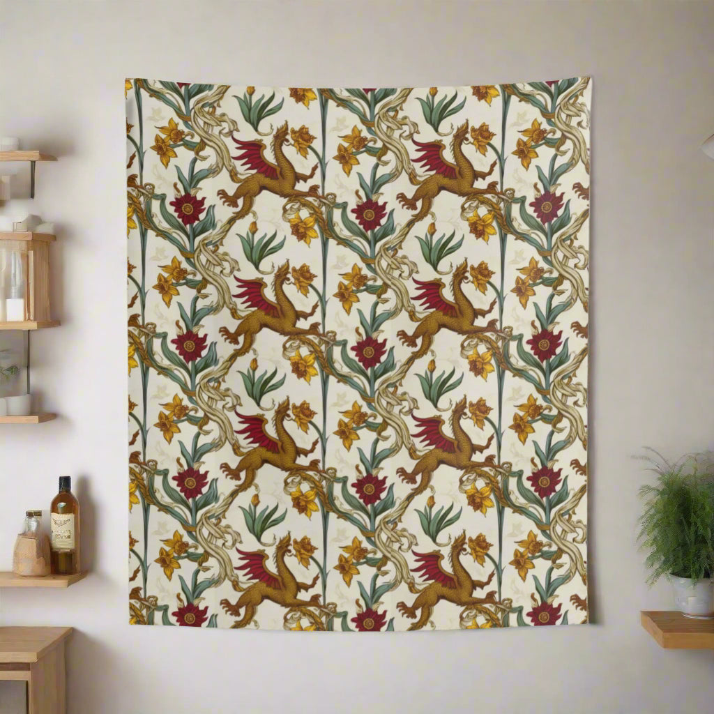 A detailed fabric pattern features golden griffins with red wings intertwined in floral designs of yellow daffodils and maroon blooms against a light cream background. The intricate motifs create a whimsical, nature-inspired aesthetic throughout.

