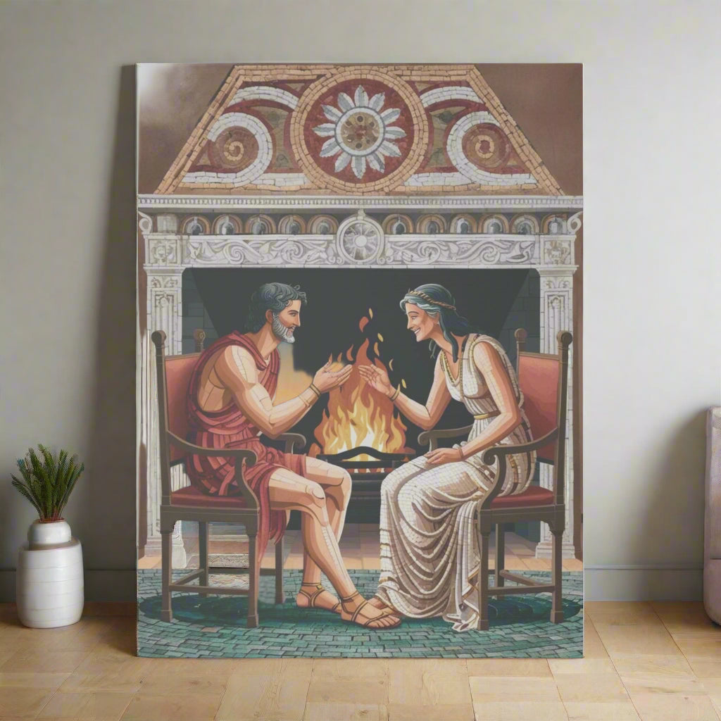 A colorful illustration of a man in a red tunic and a woman in a white gown sitting by a fireplace. They are smiling and reaching toward each other, with flames dancing in the hearth and ornate decorations in the background.