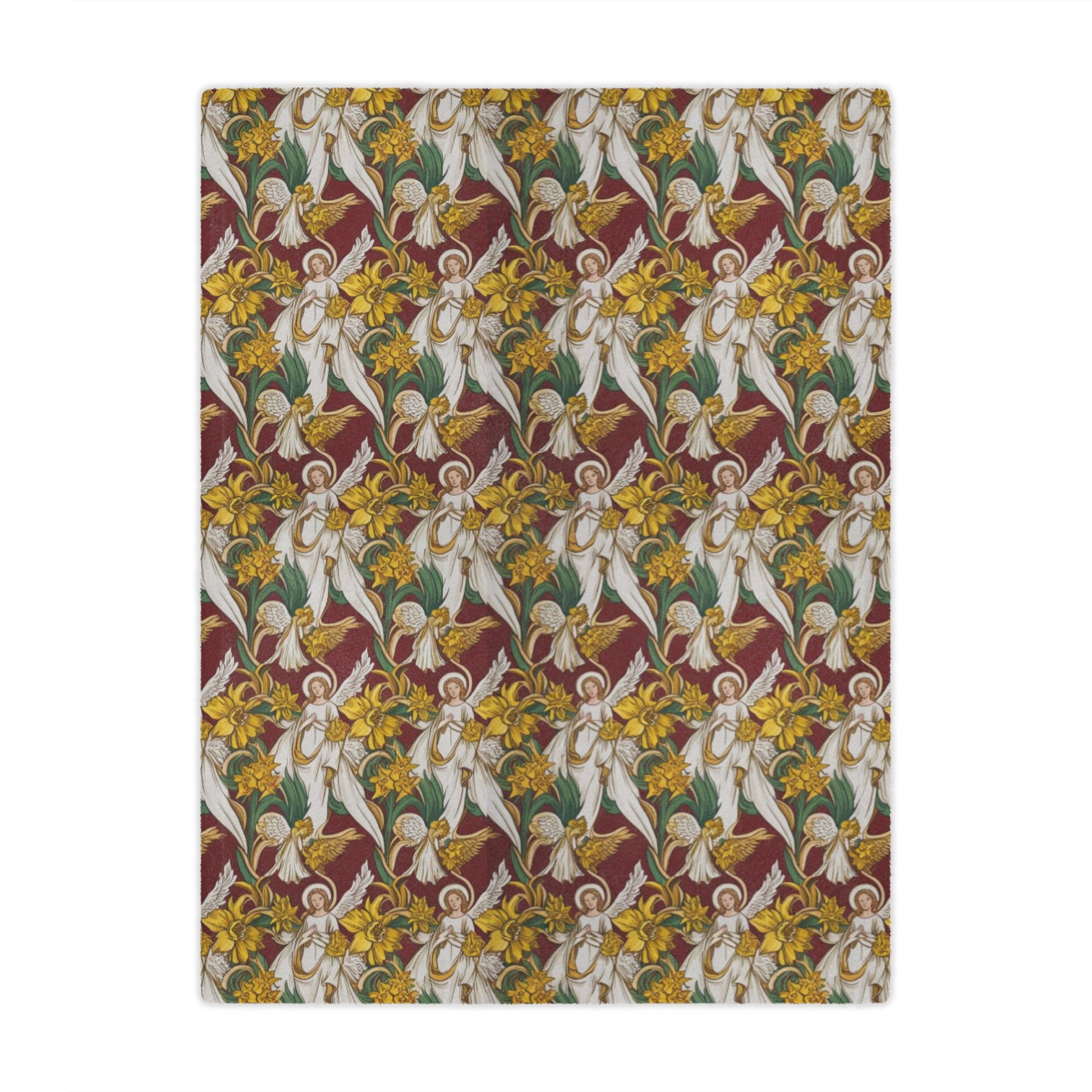 A patterned fabric featuring angels in white robes surrounded by vibrant yellow daffodils and green leaves, set against a rich maroon background. The design is intricate and symmetrical, creating a visually striking effect.
