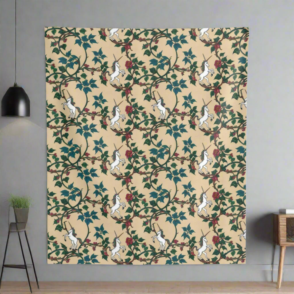 A repeating pattern features white unicorns interwoven with green vines and red roses on a beige background. The design creates a whimsical and enchanting look, highlighting the playful arrangement of the mythical creatures and floral elements.

