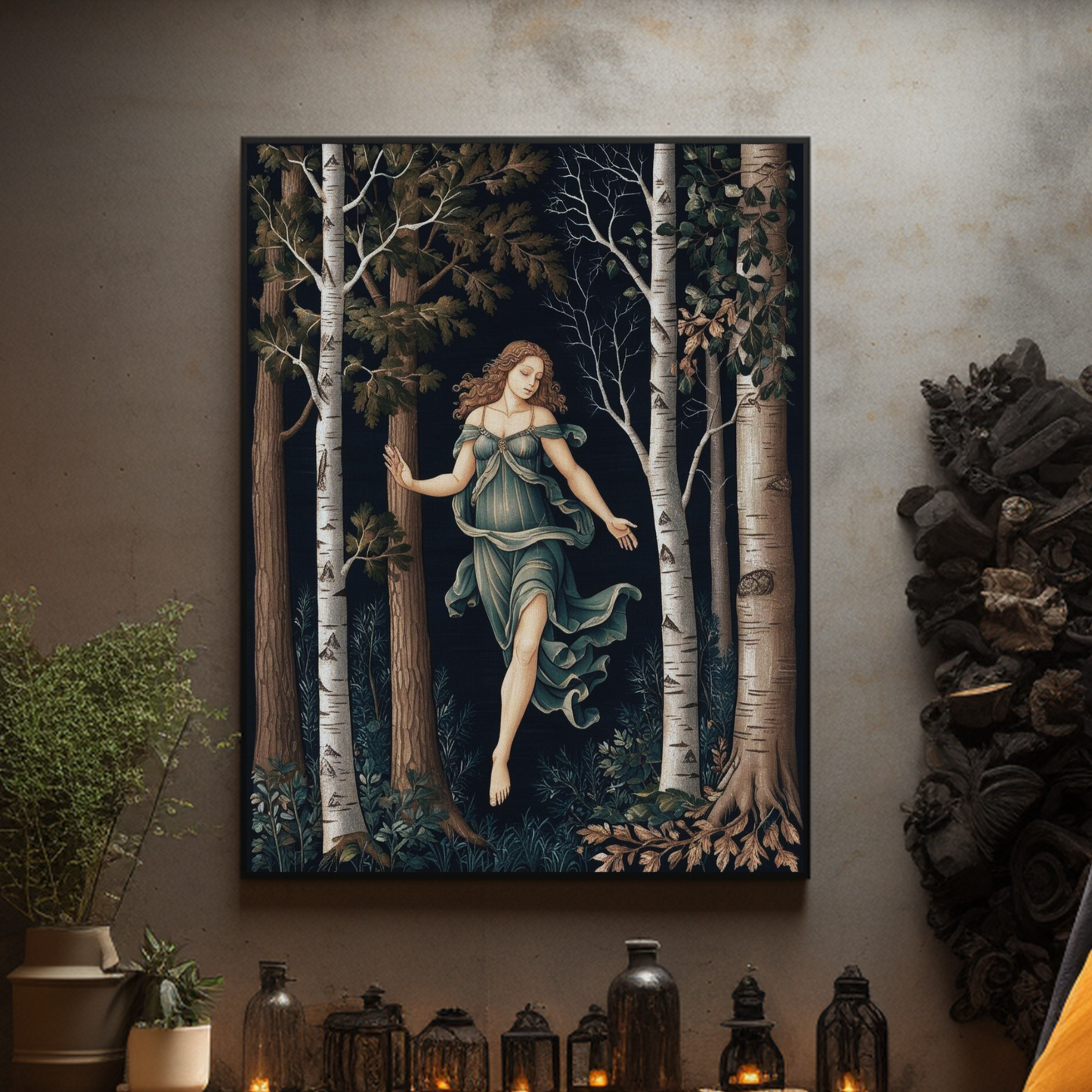 A stunning canvas print of a woman in a flowing green dress, dancing gracefully among birch trees in a dark forest. The artwork is displayed in a cozy, warmly-lit room with candles, plants, and rustic decor, creating a tranquil and inviting atmosphere.
