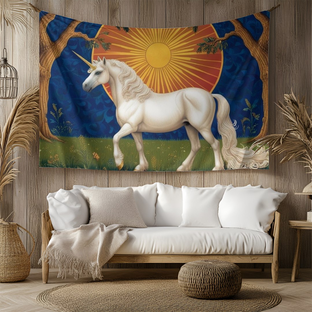 An enchanting tapestry of a white unicorn under a bright sun hangs on a wooden wall. Below, a cozy sofa with soft pillows and a throw blanket sits invitingly, accented by natural decor elements like a woven basket and decorative plants, creating a warm atmosphere.
