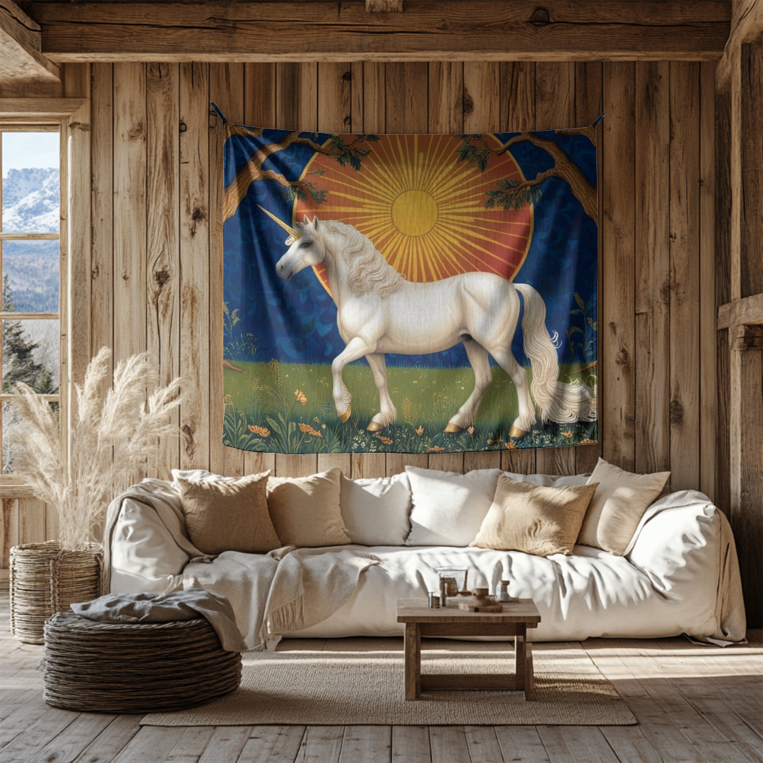 A beautifully illustrated tapestry of a white unicorn under a radiant sun hangs on a rustic wooden wall. Below, a cozy white sofa adorned with soft cushions and a throw blanket creates an inviting atmosphere, complemented by natural light streaming through the window.