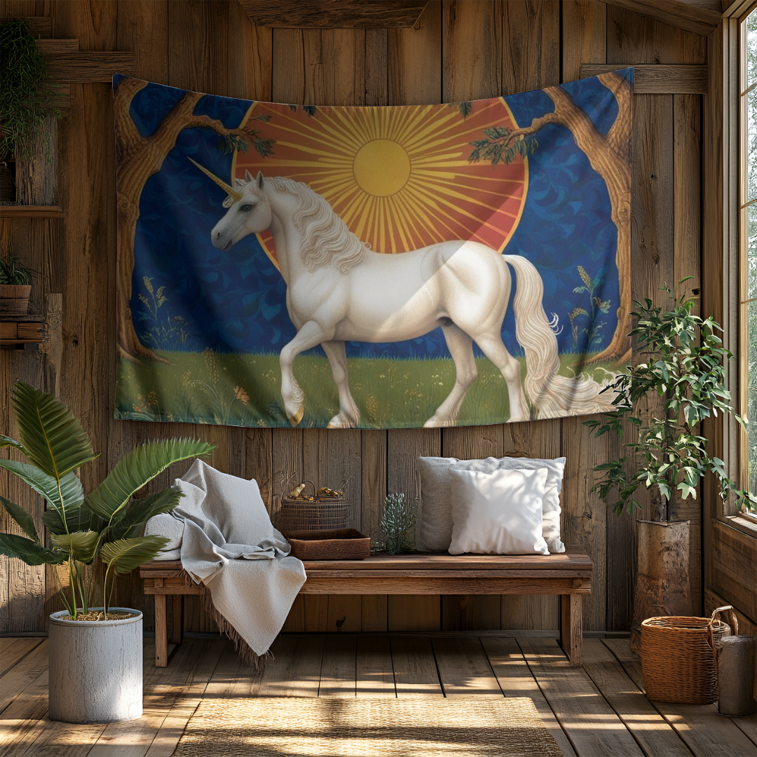 A vibrant indoor tapestry featuring a majestic white unicorn beneath a bright sun, elegantly displayed on a rustic wooden wall. The cozy room includes a comfortable couch with a throw blanket, potted plants, and a decorative table, creating a serene atmosphere.