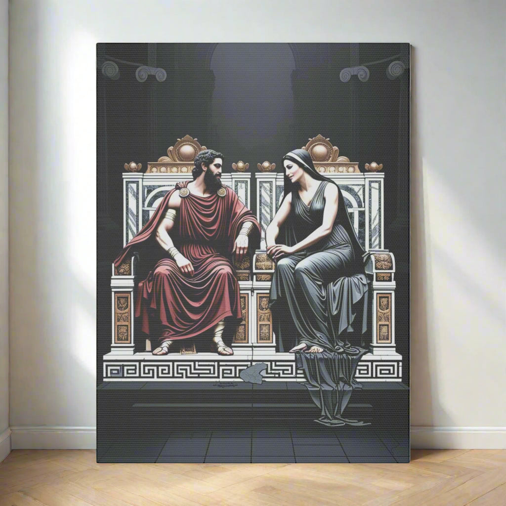 A dramatic illustration of a man in a red robe and a woman in a flowing black gown, seated on ornate thrones. They are engaged in conversation against a dark, classical backdrop, showcasing intricate details and textures.