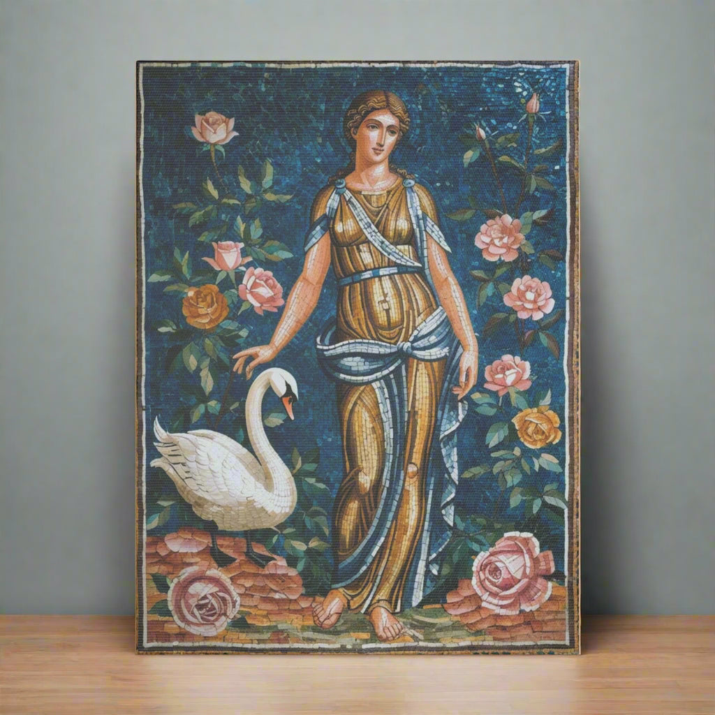 A vibrant mosaic depicting a woman in a flowing golden gown standing beside a white swan. She is surrounded by pink and yellow roses against a rich blue background, showcasing intricate details and colors that evoke a sense of beauty and elegance.
