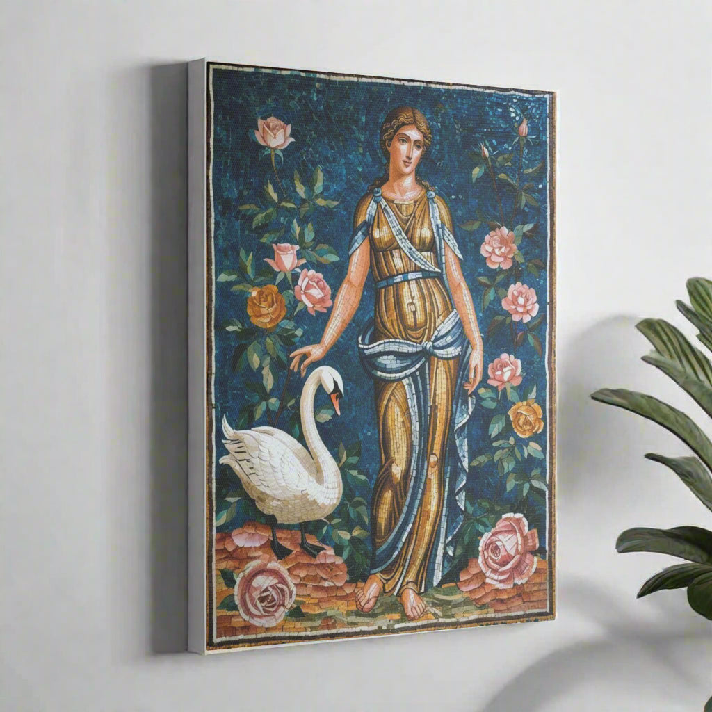 A vibrant mosaic depicting a woman in a flowing golden gown standing beside a white swan. She is surrounded by pink and yellow roses against a rich blue background, showcasing intricate details and colors that evoke a sense of beauty and elegance.
