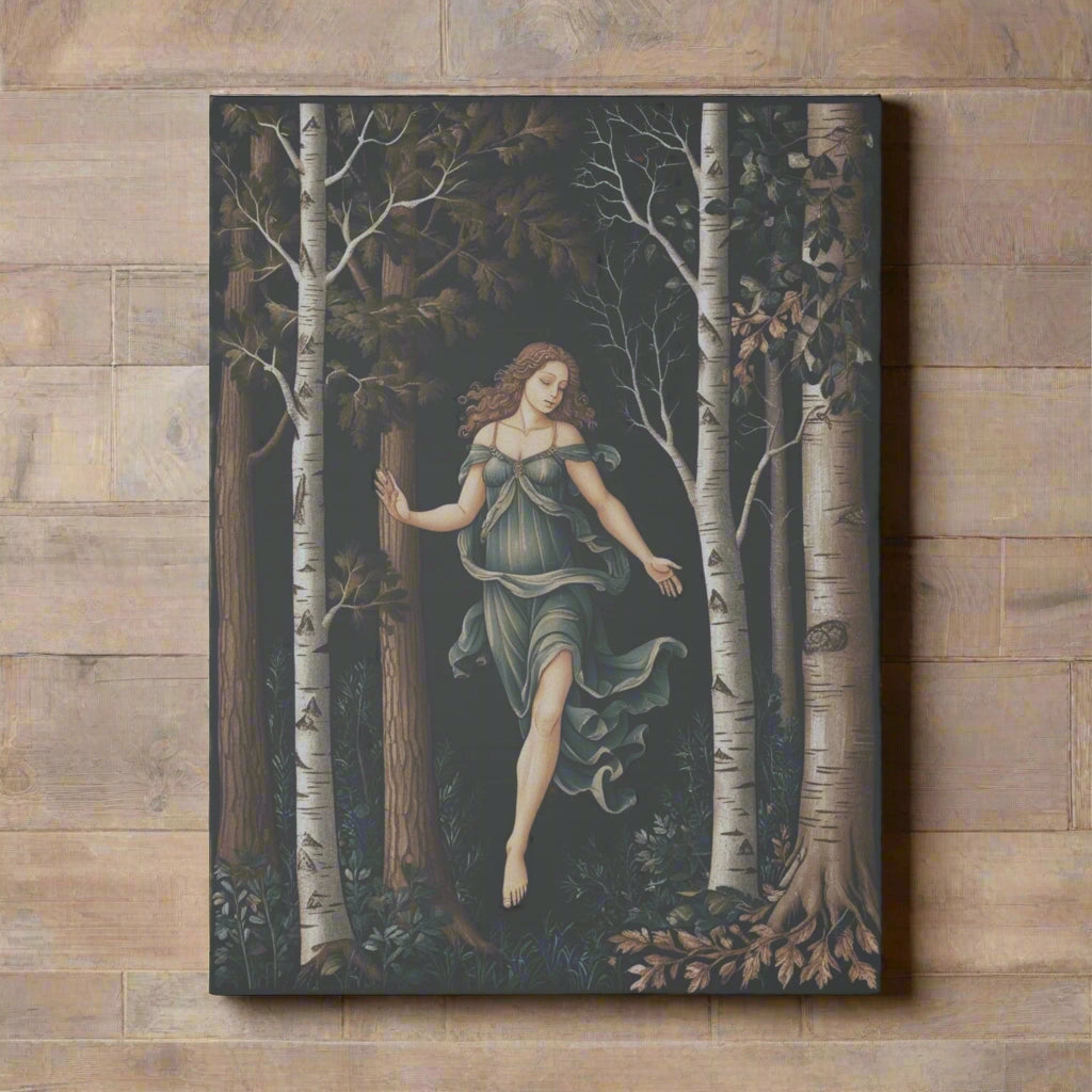 A beautiful woman in a flowing green dress dances gracefully among tall birch trees in a dark forest. The artwork exudes a serene and whimsical atmosphere, capturing the essence of nature and enchantment in a beautifully crafted design.
