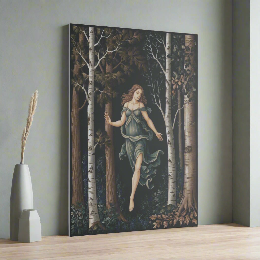 A serene canvas print featuring a graceful woman in a flowing green dress dancing among tall birch trees. Her joyful expression contrasts beautifully with the dark forest backdrop, creating an enchanting and ethereal atmosphere in any space.
