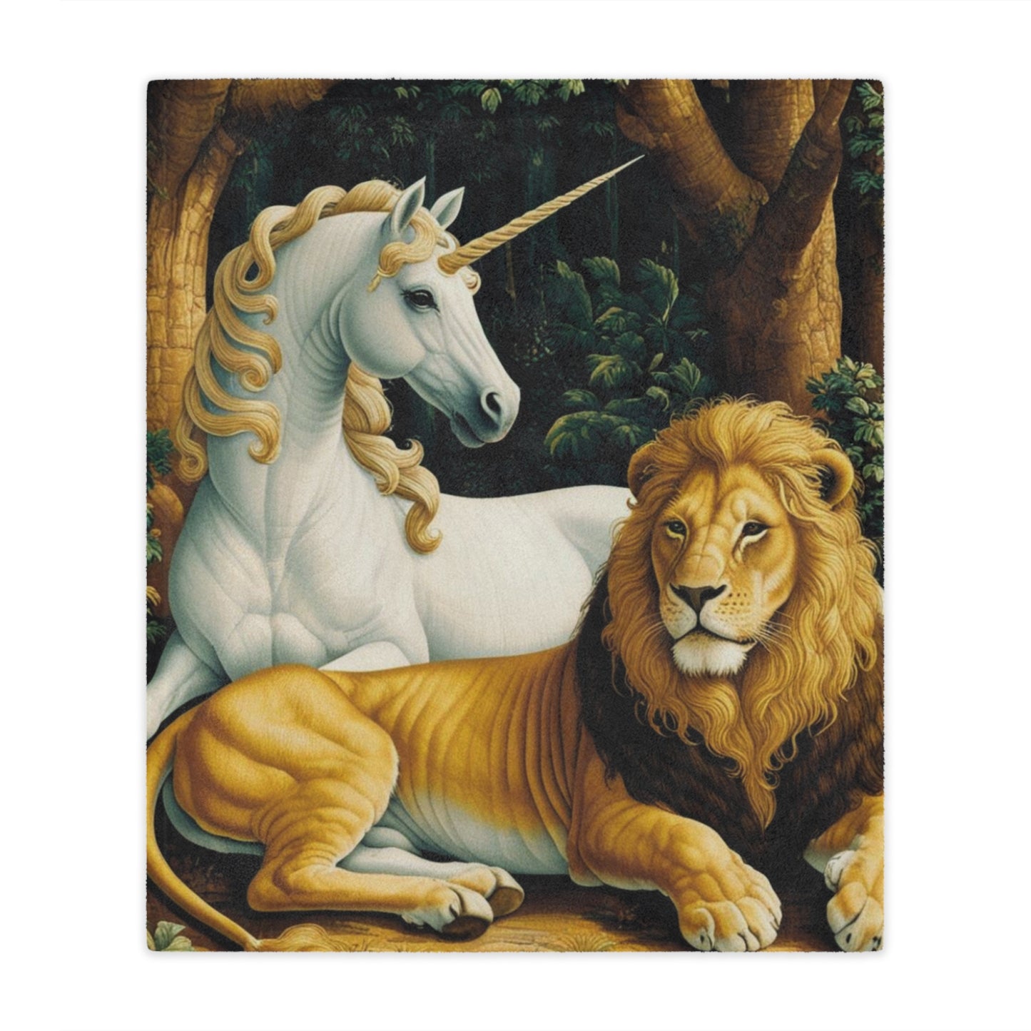 A majestic white unicorn and a regal golden lion rest together in a lush forest setting. The unicorn has a flowing mane and a spiraled horn, while the lion gazes calmly, showcasing its thick mane and powerful presence.
