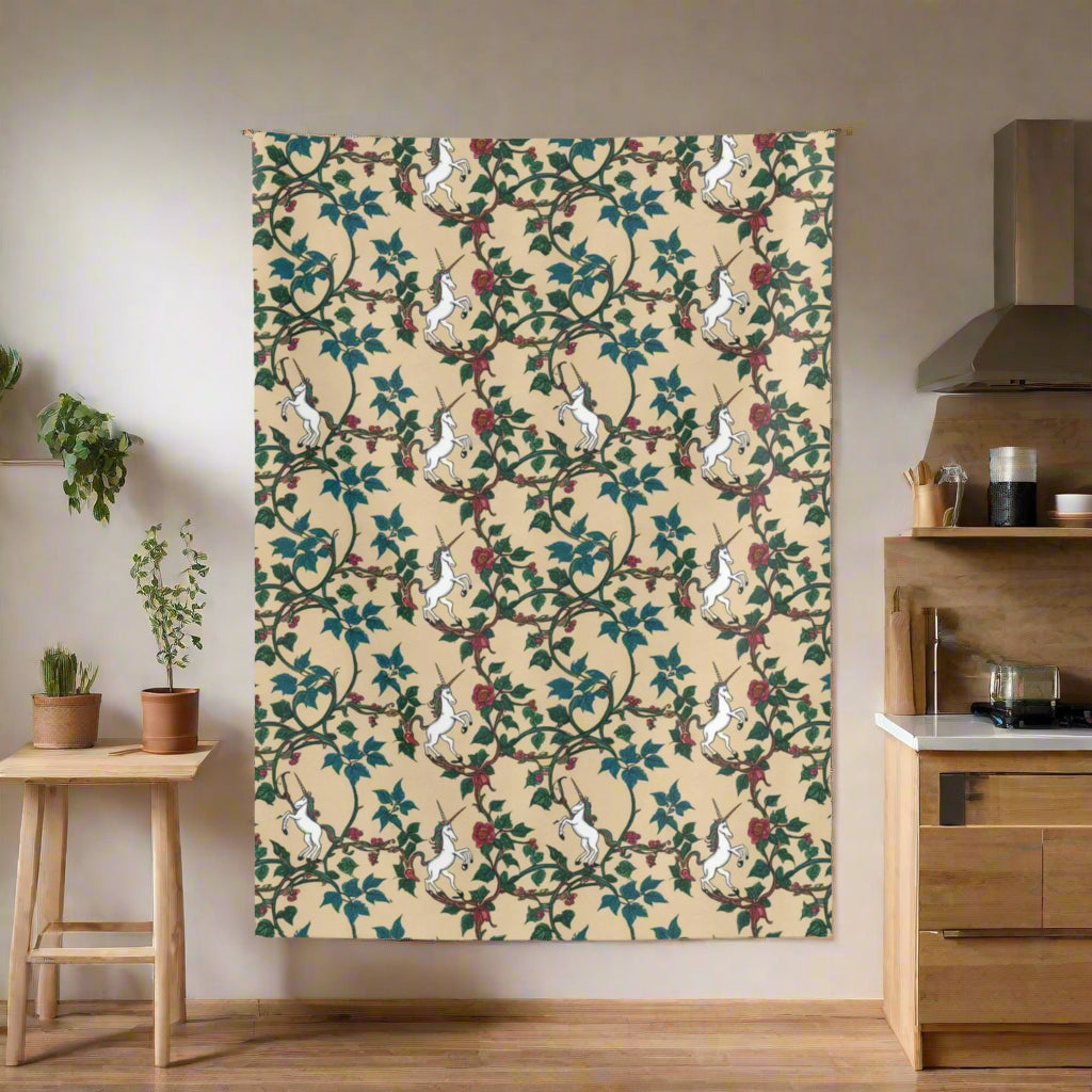 A repeating pattern features white unicorns interwoven with green vines and red roses on a beige background. The design creates a whimsical and enchanting look, highlighting the playful arrangement of the mythical creatures and floral elements.

