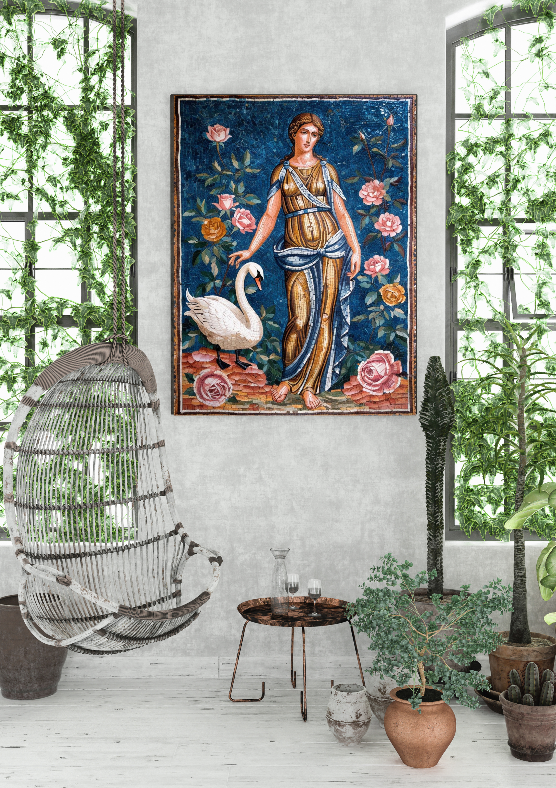 A cozy living room featuring a mosaic canvas print of a woman with a swan, surrounded by roses. A hanging wicker chair and various potted plants add greenery, while a small table holds glassware, creating an inviting and serene atmosphere.
