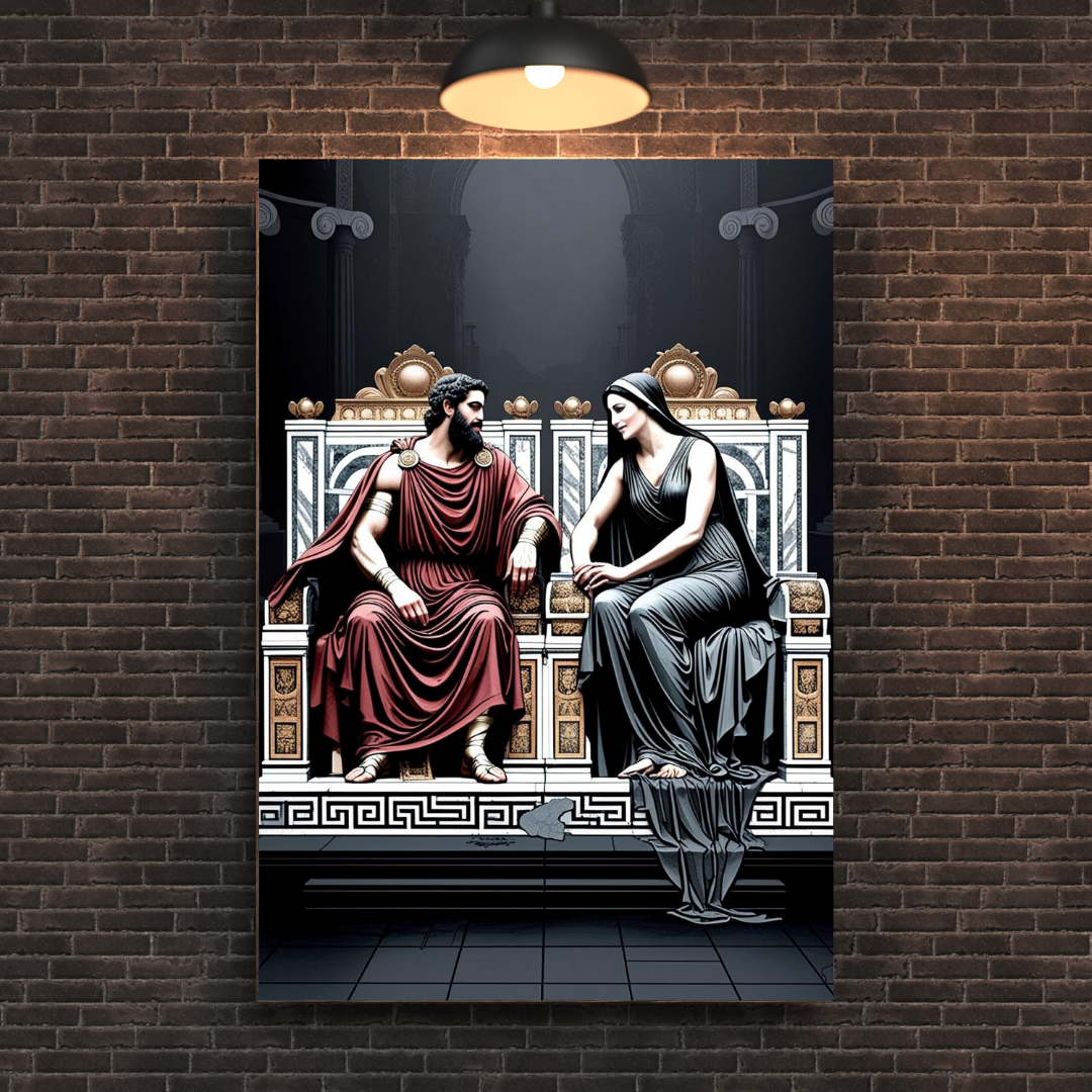 A dramatic artwork featuring two figures on ornate thrones, a bearded man in a red robe and a woman in a flowing black gown. They sit in conversation against a dark, classical background, illuminated by a pendant light above.