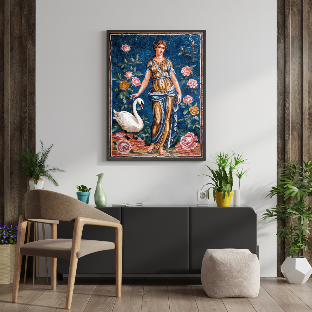 A mosaic canvas print of a woman in a flowing gown stands beside a swan, surrounded by colorful roses against a blue background. The artwork is framed and displayed above a sleek black cabinet in a modern living room with plants and a cozy chair.
