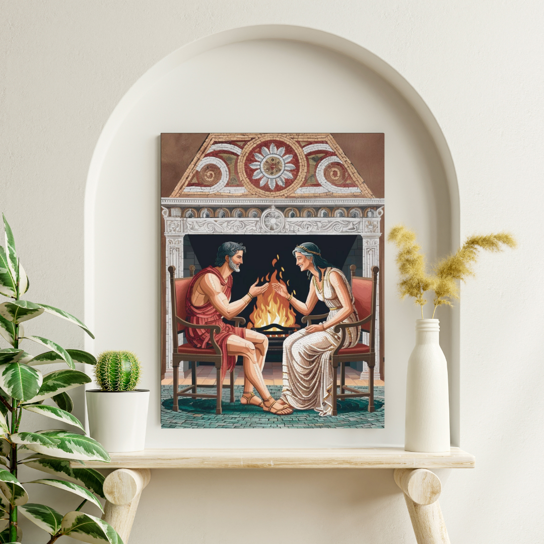 A framed artwork depicting a man and woman sitting by a fire, engaged in a warm conversation. The man wears a red tunic, and the woman is in a white gown. The scene is set in an ornate room with decorative elements and greenery nearby.