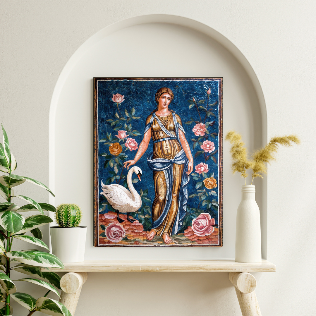 A mosaic canvas print of a woman in a flowing gown with a swan, surrounded by roses, displayed in an arched alcove. The scene features a blue background, complemented by a potted cactus and a vase with dried flowers on a wooden shelf.
