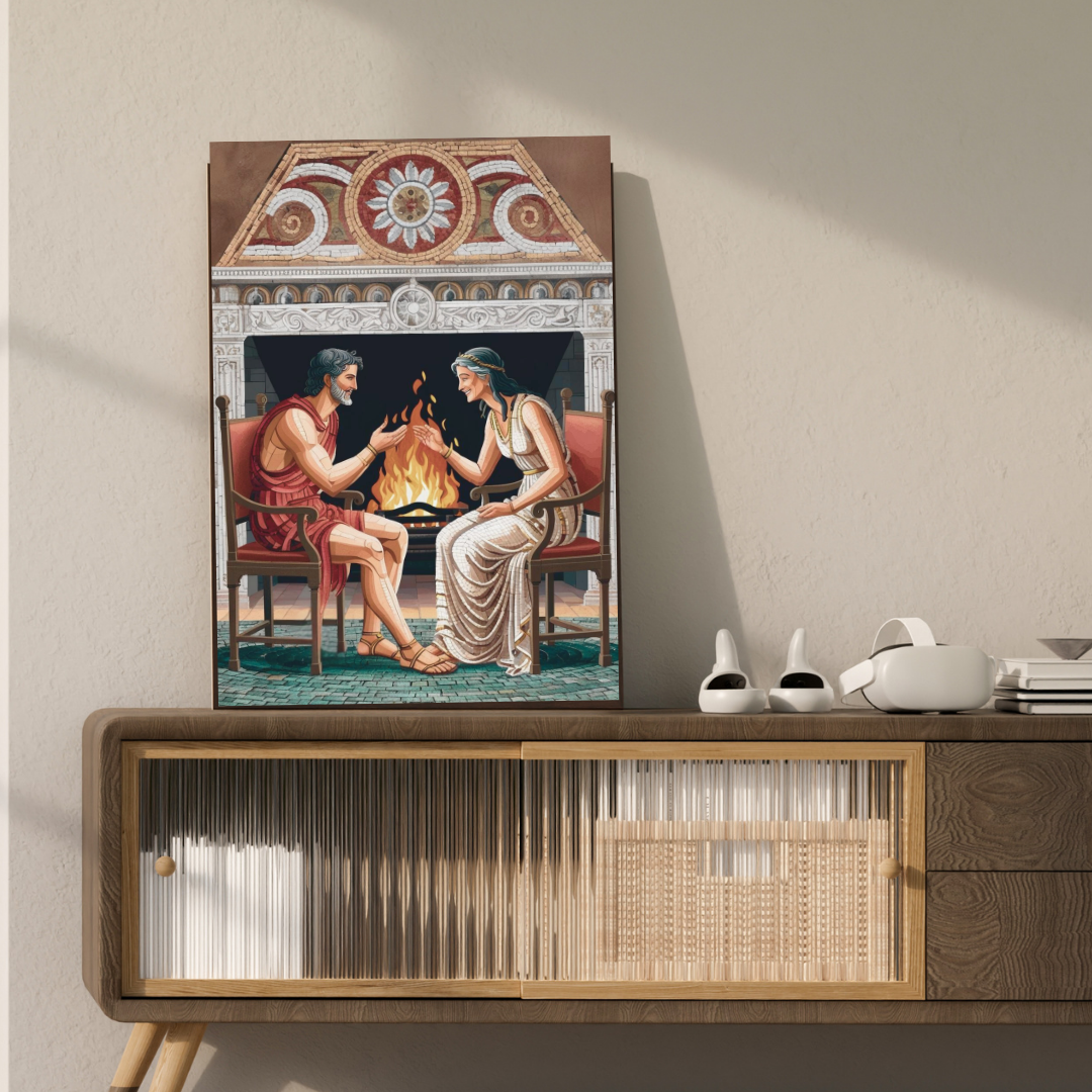 A vibrant illustration of a man in a red tunic and a woman in a white gown, sitting by a fire and engaging in conversation. The artwork is framed above a stylish wooden cabinet with decorative items and a soft light background.