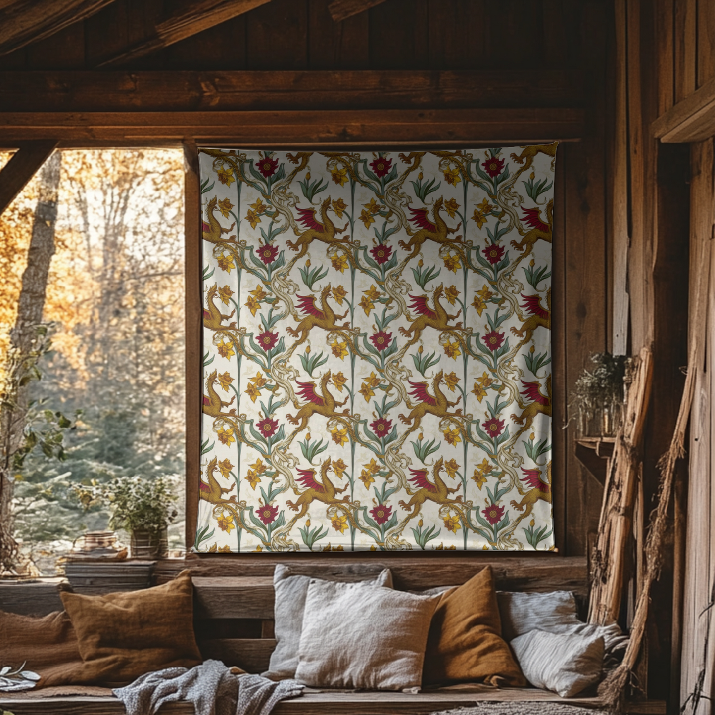 A cozy cabin porch features a vibrant tapestry adorned with floral and bird patterns, hanging beside large windows that showcase an autumn landscape. A wooden bench is covered with various cushions and a soft throw, creating an inviting atmosphere.
